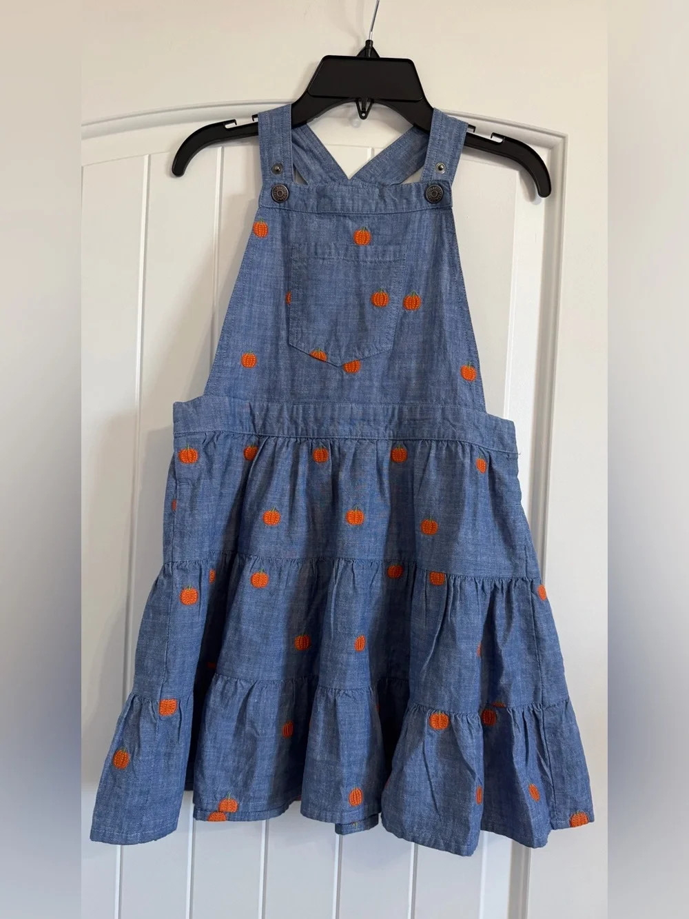 Gymboree Blue Chambray Pinafore Dress with Orange Pumpkin Embroidery